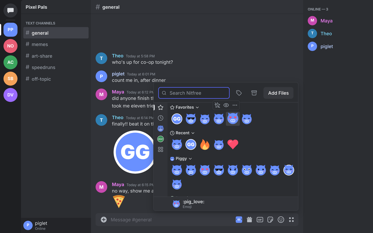 The Nitfree panel open above Discord's chat bar, with favorites, recent picks and a pack of emojis