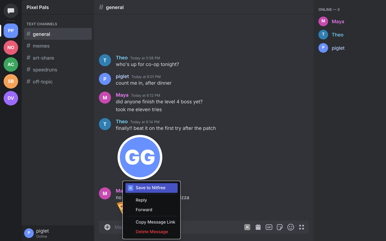 Save to Nitfree at the top of a message's menu in Discord