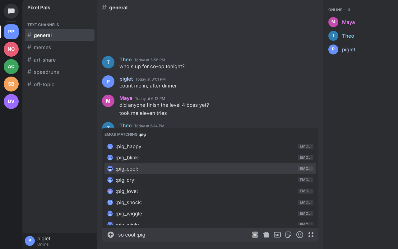 Nitfree items listed in Discord's emoji suggestions for :pig