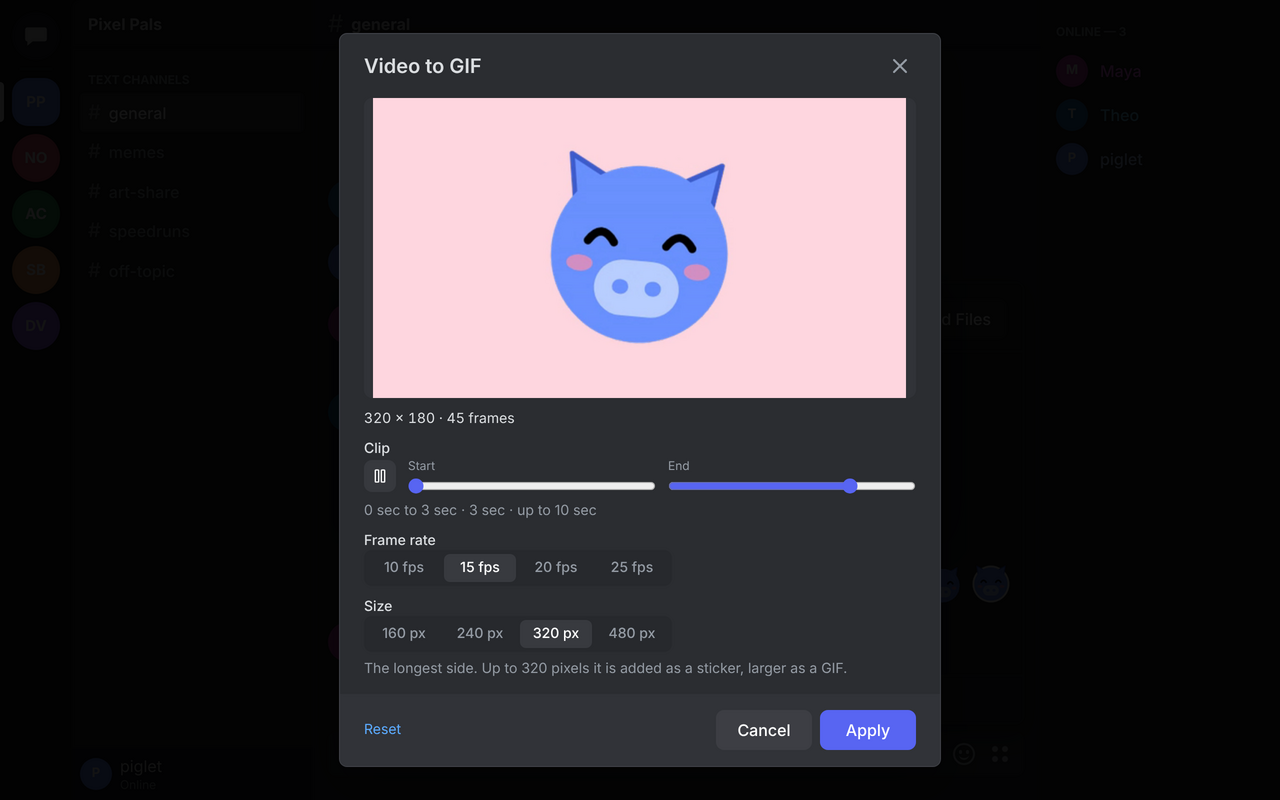 The Video to GIF editor, with a clip range, frame rate and size
